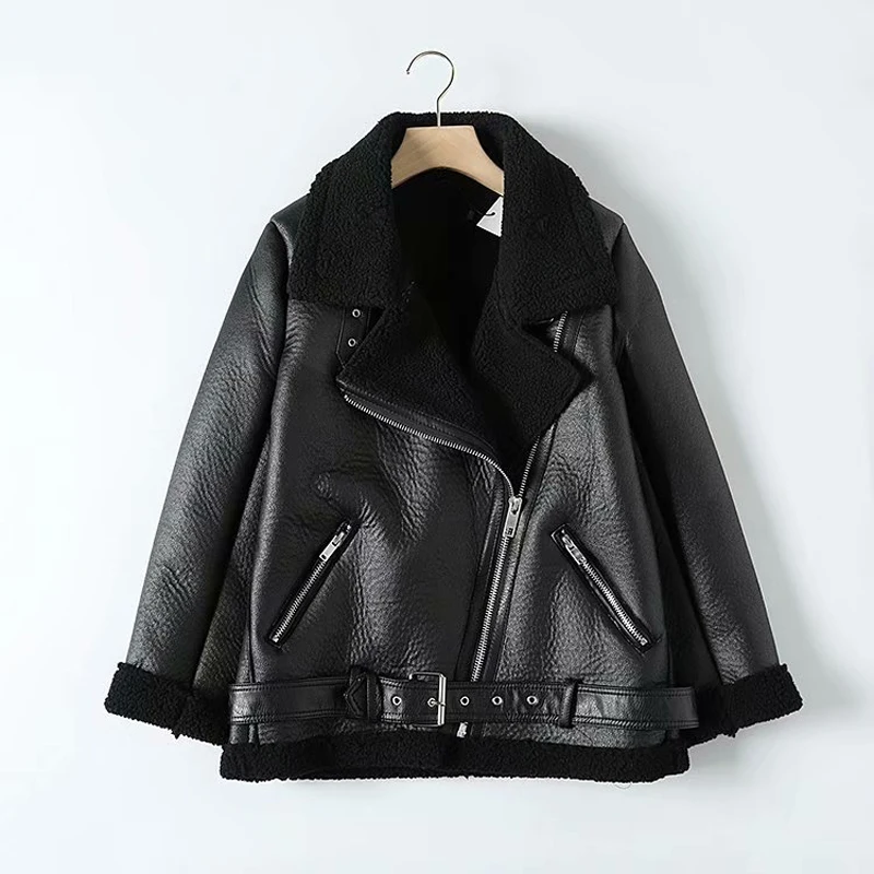 Promo  Autumn Winter Slim Sashes PU Faux Leather Jacket Coat Women Solid Zipper Casual Thick Warm Wool Lam