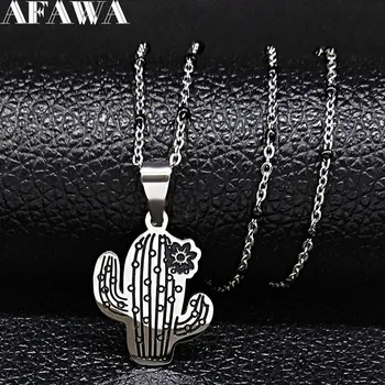 

2020 Cactus Stainless Steel Statement Necklace Women Black Enamel Silver Color Chain Necklace Jewelry Gift gargantilla N1848S01