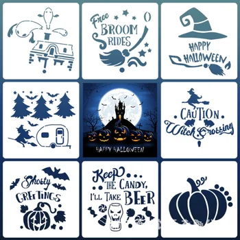 

8pc Halloween Series 15cm*15cm Painting Hollow Template Decorative Hand-painted Inkjet Auxiliary Tools Bullet Journal Stencils