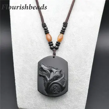 

Popular Natural Black Obsidian Stone Carved Wolf Head Shape Wild Style Pendant Necklace Man Woman Jewelry Party Gift