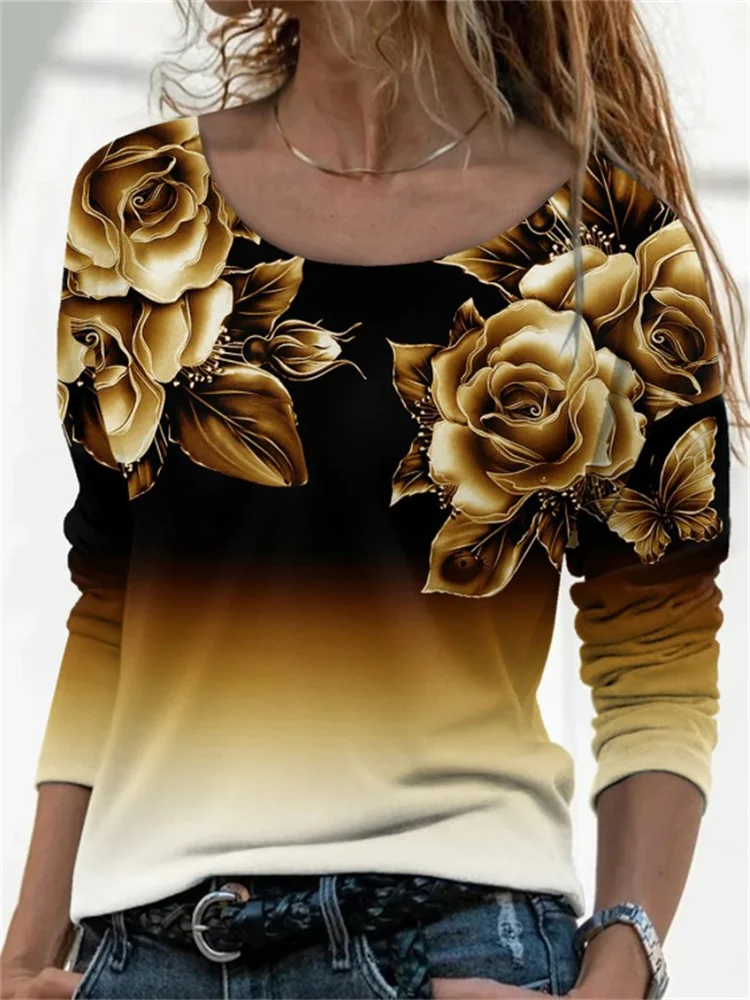 3D Floral Printing Long Sleeve Top Casual Women O-Neck T-Shirts Gradient Color Printed Loose Autumn Spring Fashion Clothes Lady t shirt oversize Tees