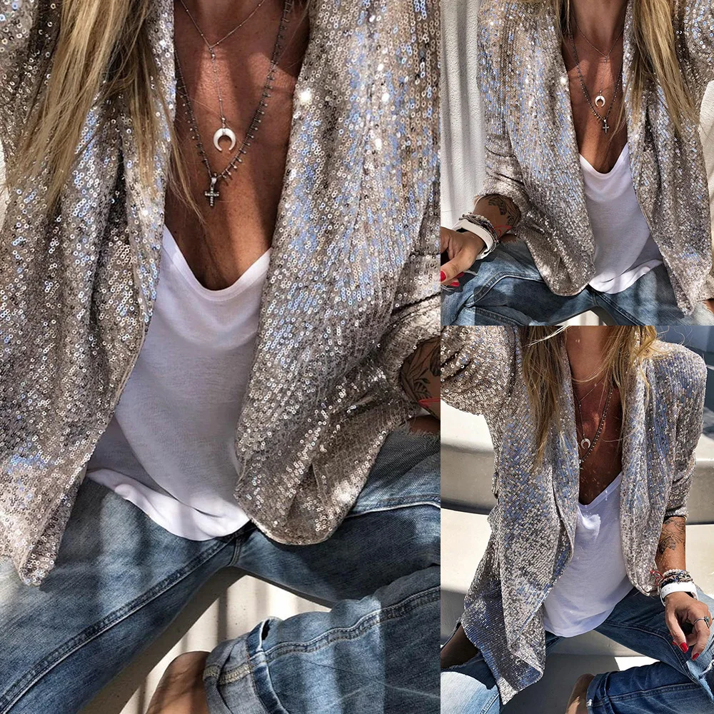 

Long Sleeve Open Front Sequin Coat Women Fashion Female Party Jacket Sequin Solid Coat Notched Out Wear For Young Ladies D30