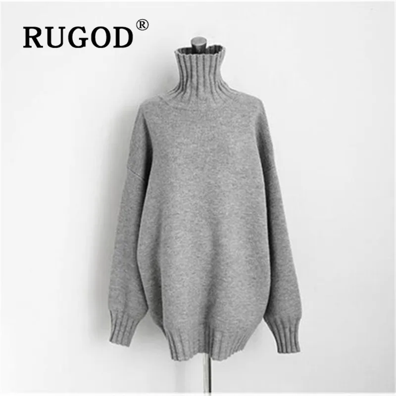 RUGOD, корейский утолщенный свитер, пуловеры для женщин, водолазка, Одноцветный, негабаритный, вязаный свитер, модный, женский, элегантный, повседневный, топы