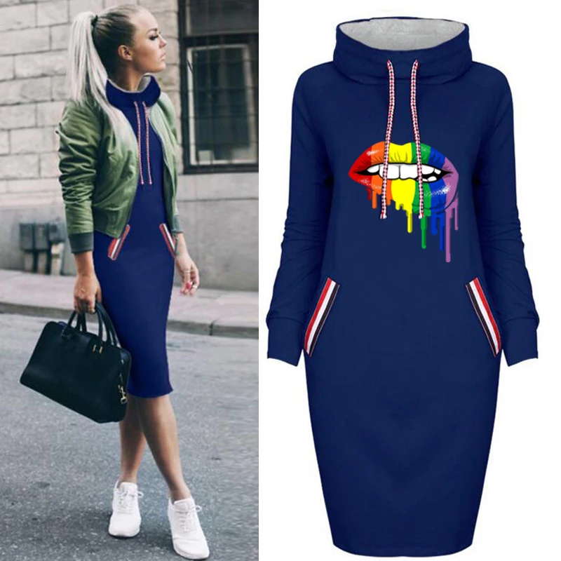 

Woman Dress Sexy Lip Print Fashion Vintage Bodycon Dresses Long Sleeve Short Sweater Dress Plus Size Vestido Invierno
