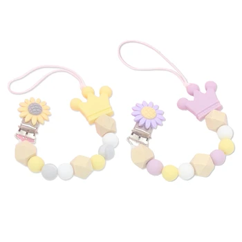 

2Pcs Silicone Wood Beads Baby Pacifier Clip Chain Cute Flower Crown Pacifier Clips Soother Chew Toys Anti-Drop Chains Baby Teeth