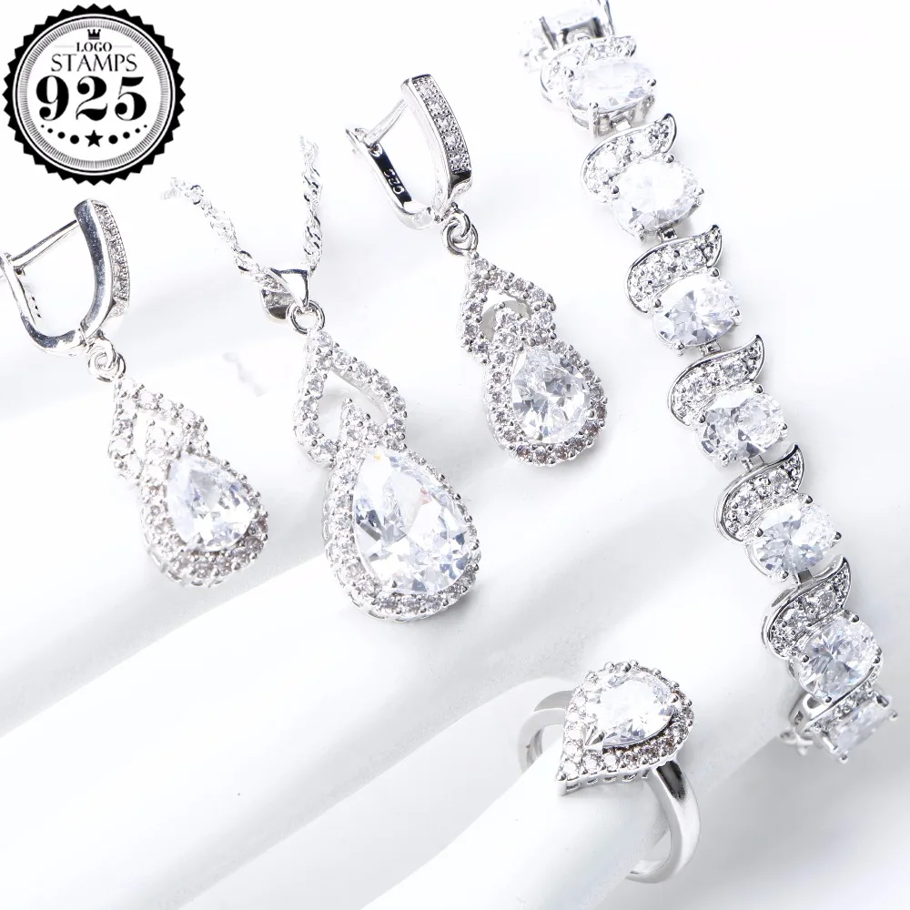 925 Sterling Silver Wedding Jewelry Sets For Women Bridal Stones CZ Earrings Bracelet Rings Necklace Set Gifts Box | Украшения и