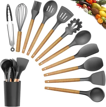 

Silicone Cooking Utensils Kitchen Utensil Bamboo Wooden Handles Cooking Tool Turner Tongs Spatula Spoon for Nonstick Cookware