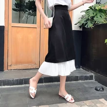 Новинка, осенняя Женская юбка, Лоскутная, высокая талия, шифон, длинный хвост, юбки, черная, волнистая, 6096