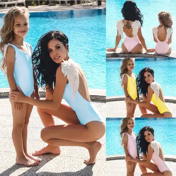 

2020 Family Matching Swimwear Mother And Me Cute Angel Wings One Piece Swimsuit Push Up Padded Bathing Suit Summer Beachwear