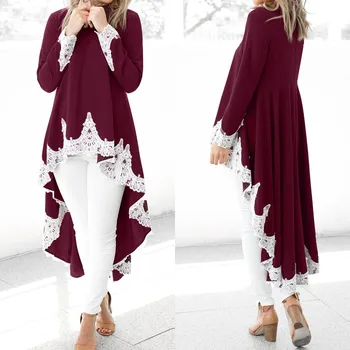 

Bohemian Lace Stiching Tops Women's Asymmetrical Blouse ZANZEA Spring Long Sleeve Shirts Female Pleated Vestidos Plus Size Tunic