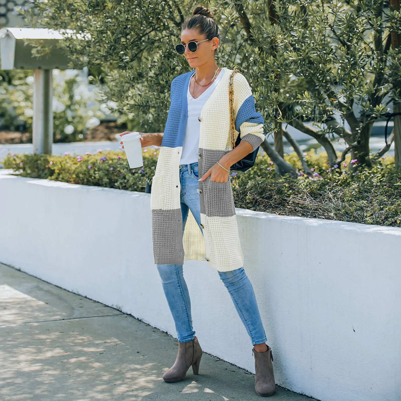 Autumn And Winter Fashion New Cardigan Sweater Women Long Sleeve Pockets Contrast Color Loose Sweater Elegant Single Breasted