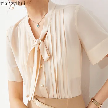 

2020 Spring Summer Korean Style Women Chiffon Blouse Fashion OL Shirt Solid Casual V Neck Short Sleeve Fashion Blouses Bow Tide