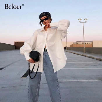 

Bclout White Latern Sleeve Blouse Women Turn Down Collar Office Tunic Blouses Fashion Pockets Shirt Top Female 2020 Fall New