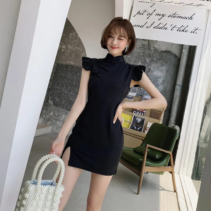 

2019 Summer New Style Waist Hugging GIRL'S Cheongsam gai liang kuan-Slit Retro Black And White with Pattern Dress