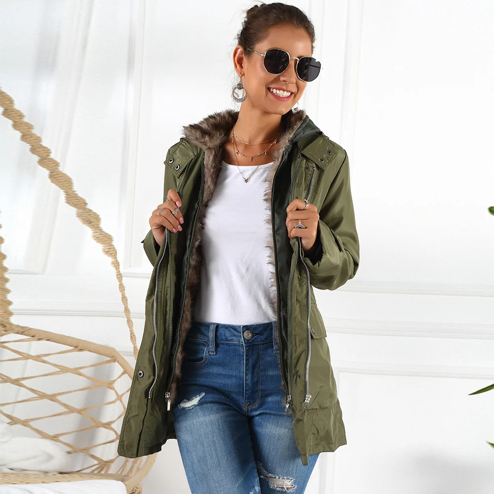 

Women Winter Jacket 2020 Casual Ladies Basic Coat Warm Hooded Faux Fur Slim Jacket Female Long Sleeve Plush Liner Parkas New