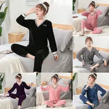 Женский пижамный комплект осень V воротник милая Пижама мультфильм печати Золотой Бархат пижамный комплект