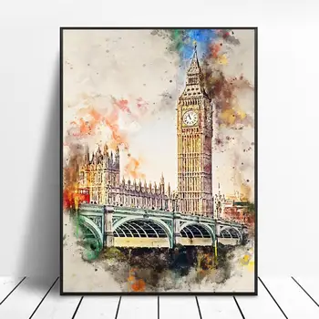 

London in Watercolor Art Canvas Poster Home Decor Painting No Frame