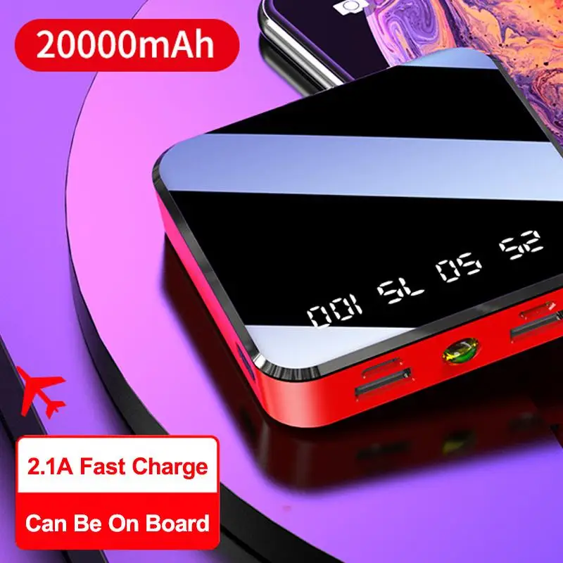 20000mAh мини-панель солнечных батарей Мощность банк 2.1A Быстрая зарядка с светодиодный фонарик небольшой полное зеркальное Экран Дисплей внешний Портативный Батарея Зарядное устройство