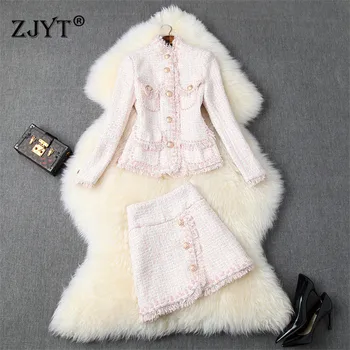 

2020 Fall Winter Luxury Pearls Beading Tweed Woolen Jackets and Skirt Suit Elegant Lady Party Outfit Women 2Pcs Clothing Set