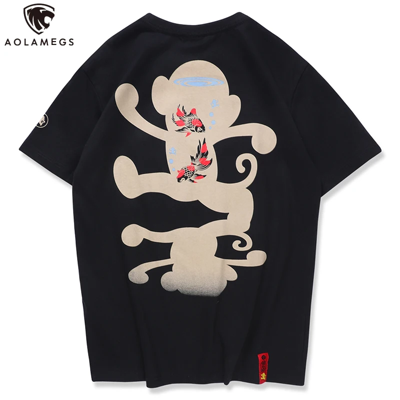 

Aolamegs Chinese Style Animal Printed Men's Tees Embroidery Cotton T-shirts O-Neck t shirts Casual All-match Fashion Streetwear