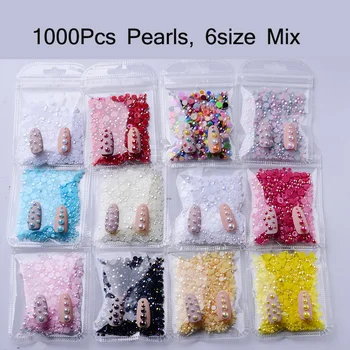 

2-6mm Iridescent AB Flatback half-pearls Nail Decorations 3D Charms Mermaid AB Ball Pearl Nail Art Rhinestone 1 Bag Nail Beads