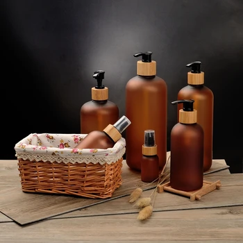 

250ml Frosted Clear PET bottle with bamboo pump spray bamboo caps 250ml 4oz plastic shampoo bottle 500ml plastic squeeze bottle
