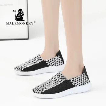 

MALEMONKEY 013020 Women Sneakers 2020 New Breathable Knitted Slip On Flat Shoes Casual Mesh Walk Footwear Sneakers Women's Shoes