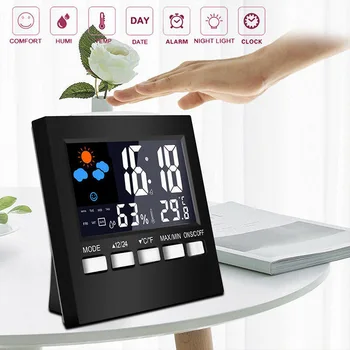 

Calender Clocks Temperature Digital LCD Hygrometer Clock Indoor Rooms Snooze Sound-Control Backlight with Color Weather Forecast