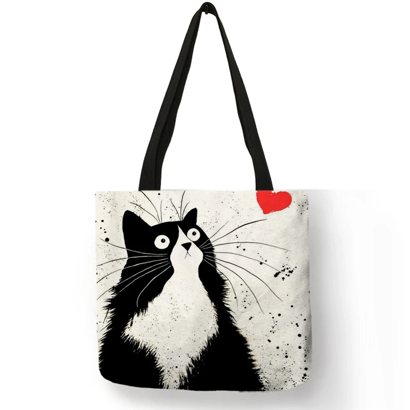

Customized Cute Cat Printing Women Handbag Linen Tote Bags with Print Logo Casual Traveling Beach Bags
