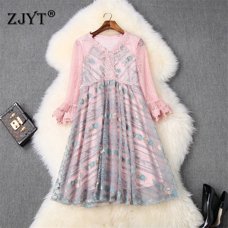 

2020 New Spring Dress Woman Clothes Elegant Lady Falre Sleeve V Neck Lace Patchwork Embroidery Loose Dress Sweet Casual Vestidos