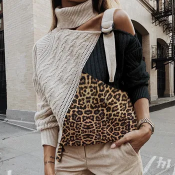 

Patchwork Leopard Turtleneck Sweater Women Sexy Off Shoulder Color Block Knitted Sweaters Batwing Long Sleeve Pullover Tops