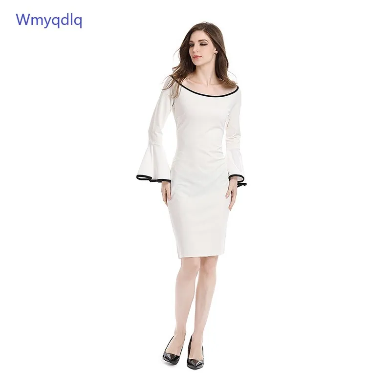 

Wmlqdlq 2020 New Lotus Leaf Decoration Spring And Autumn Dress Mid-Length Tall Stylish Pencil Can Be Worn Outside Female Pijama