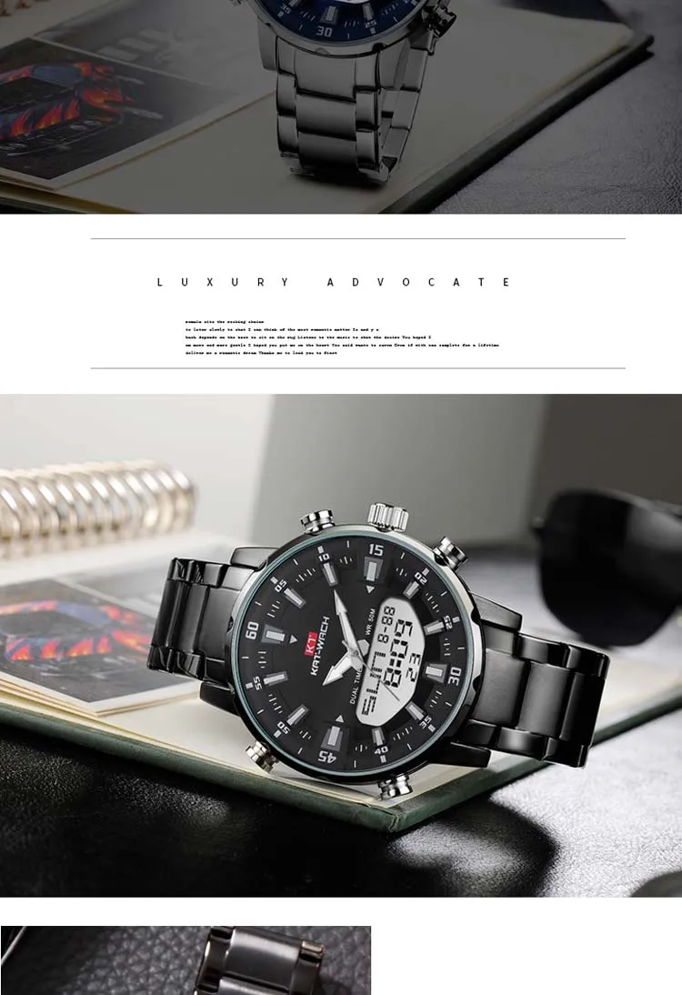 KAT-WACH Brand Steel Band Dual Movement Large Dial Waterproof Men's Electronic Watches Simple Luxury Business Man Wristwatch