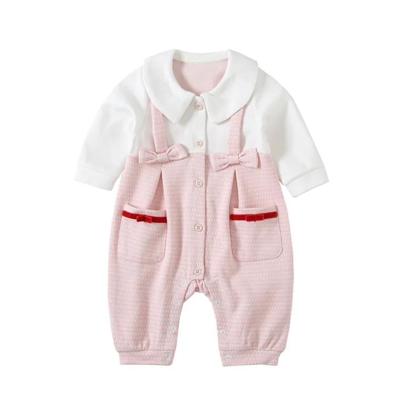 

Toddler Newborn Baby Girls Rompers Dot Jumpsuit Outfits Clothes Peter Pan Collar Baby Rompers with Bow pink 0-2Y