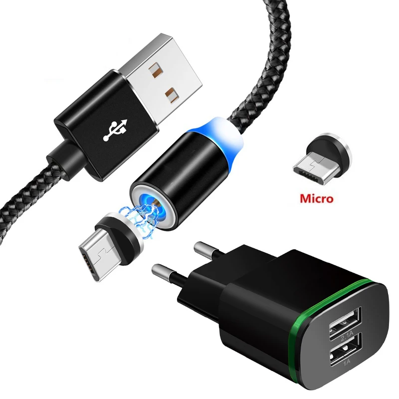 Магнитный светодиодный светильник Micro USB кабель для мобильного телефона с Зарядное устройство для Honor 5 5A 5C 6A 6X 6C 7A 7C sony Z1 Z2 Z3 L1 L2 L3 телефон Зарядное устройство - Цвет: Charger Cable Black