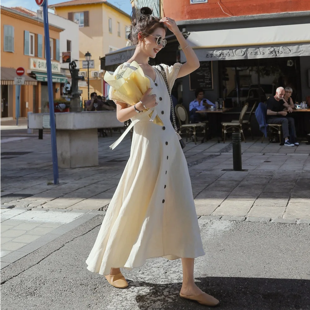 

France Non-mainstream INS WOMEN'S Dress 2019 Summer New Style Retro CHIC Wind Charade Backless Single Breasted Dress