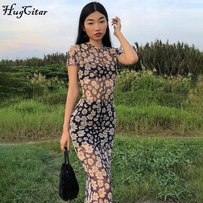 Hugcitar 2020 short sleeve daisies print mesh see-through sexy maxi dress summer women fashion streetwear outfits sundress Hugcitar 2020 short sleeve daisies print mesh see-through sexy maxi dress summer women fashion streetwear outfits sundress