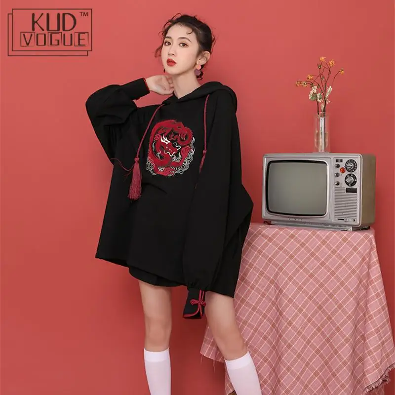

Harajuku Chinese Dragon Embroidered Loose Sweatshirts Hoodies Women Autumn Winter Hooded Lantern Sleeve Tassel Lace Up Pullover