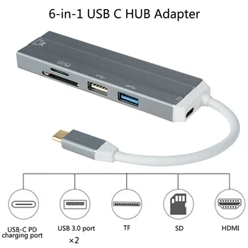 

6 In 1 USB-C HUB 4K HD Video Audio Cable Adapte Type C to HDMI usb 3.0/usb 2.0 with SD/TF Card Reader Type C USB HUB