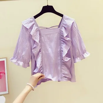 

Square Collar Solid Ruffles Women Blouse 2020 Summer New Short-Sleeved Loose Lady Elegant Pulls Outwear Tops