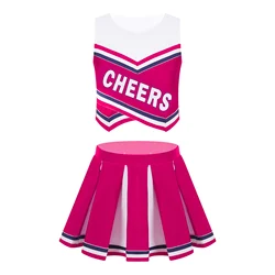 Girls Cheerleader Uniform Dance Outfit Kids Cheerleading Cosplay Costumes V-Neck Sleeveless Crop Top with Mini Pleated Skirts