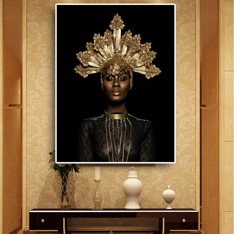 Modern Nude African Woman Canvas Painting Luxury Gold Necklace Queen Wall Pictures for Living Room Home Decoration Cuadros