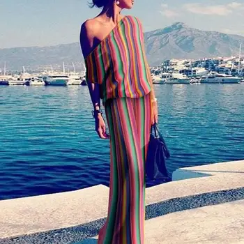 

2020 Summer New Dress Fashion Long Dress Hot Sale Multicolor Striped One Shoulder Dress