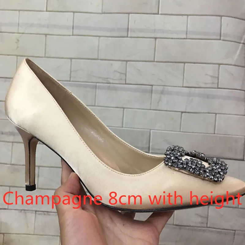 Champagne 8 cm Женские туфли на высоком каблуке; коллекция года; сезон весна-осень; женские туфли-лодочки на высоком тонком каблуке с острым носком из шелкового сатина и искусственной кожи, украшенные стразами и пряжкой - Цвет: Champagne 8 cm
