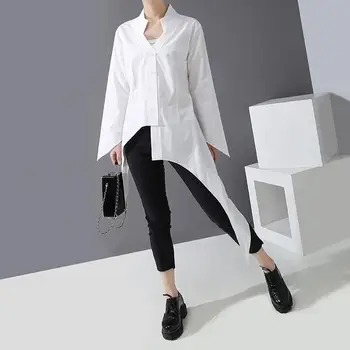 

Women's Pure Color Irregular Shirt Spring / Summer Long Sleeve Stand Collar Single Row Button BF Style Shirt