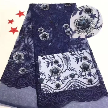 

2019 High Quality French 3D Tulle Lake blue African Lace Fabric Sequins Embroidered Nigerian Lace Fabrics For Wowen Dress
