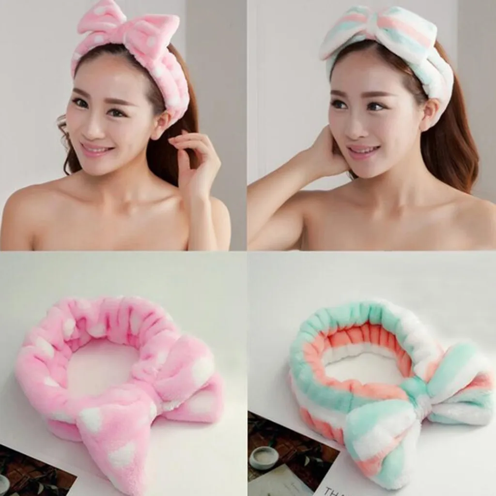 Women Girls Cute Coral Fleece Bow-knot Elastic Headbands Soft Comfortable Wash Face Bath Hairbands Photo Prop Hair Accessories