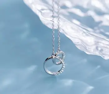 

real 100% Sterling Silver 925 Fine Jewelry White Zirconia Double Lucky Circle interlock Pendant Necklace geometric GTLX1944