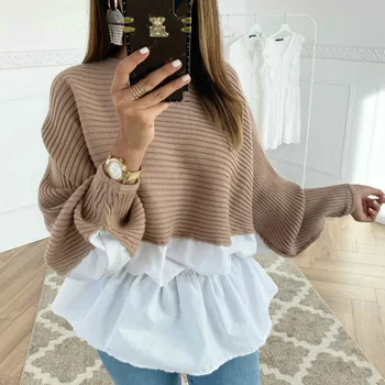 

Fashion Women Streetwear Patchwork Design O-Neck Batwing Sleeve Top Elegant Lady Autumn Winter Casual Loose Sweaters Streetwear