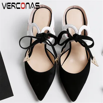 

VERCONAS 2020 Fashion Mules Woman Sandals Woman Pumps High Quality Kid Suede Cross-Tied Pointed Toe Round Heeled Shoes Woman